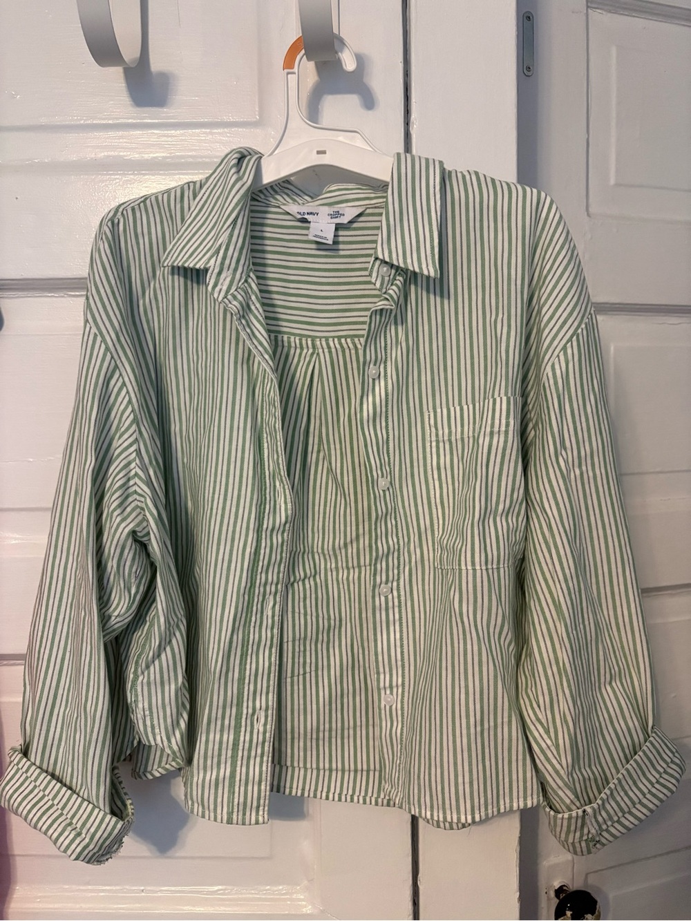 Cropped Green Stripe Button-Up Shirt